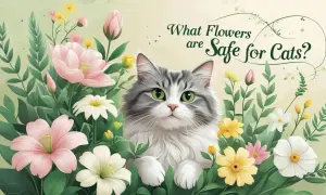 A fluffy cat with green eyes peeks through a garden of colorful flowers, asking "What Flowers are Safe for Cats?
