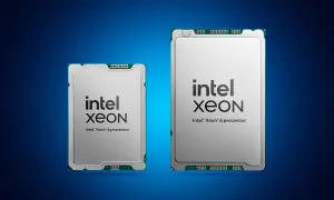 Dos procesadores Intel Xeon 6, uno más pequeño que el otro, sobre fondo azul.