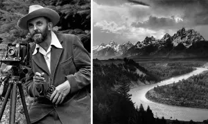 Ansel Adams, il miglior fotografo al mondo, con la sua macchina fotografica e un paesaggio montano mozzafiato.