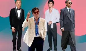 Vier Männer in stilvollen Outfits, die verschiedene Interpretationen des dress codes zeigen: von klassischem Smoking bis zu modernen Anzügen.