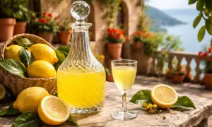 Karafka i kieliszek pełne żółtego likieru, koszyk cytryn i połówka cytryny na kamiennym stole. Idealne składniki, by dowiedzieć się, jak zrobić limoncello.