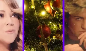 Mariah Carey i George Michael, ikony piosenek świątecznych Last Christmas, na tle choinki.