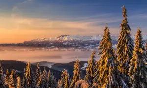 Zimowy widok z Koninek na ośnieżony Turbacz i Tatry w złotym świetle zachodzącego słońca.