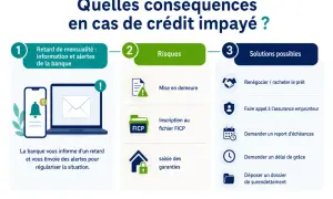 Schéma expliquant les conséquences d'un **défaut de paiement** sur un crédit : retards, risques (mise en demeure, FICP, saisie) et solutions (renégociation, assurance, délai).