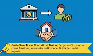Illustrazione di un mutuo: banca, persona con denaro, stretta di mano per una casa. Guida al piano di ammortamento italiano.