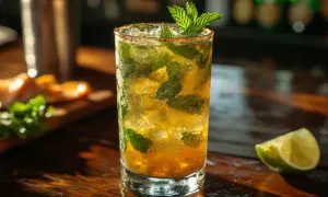 Szklanka orzeźwiającego, bezalkoholowego mojito z miętą i lodem, ozdobiona ćwiartką limonki.