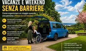 Una donna aiuta un'altra in carrozzina a salire su un furgone accessibile, promuovendo viaggi senza barriere per chi ha una disabilità motoria.