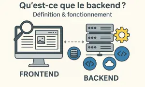 Illustration du frontend et du backend. Le frontend montre un écran d'ordinateur avec une loupe. Le backend présente des serveurs, une base de données, un nuage et un engrenage, symbolisant le moteur de template.