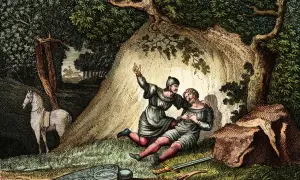 Rycerz pociesza rannego towarzysza. Scena nawiązuje do epoki "Pieśni o Rolandzie", z widocznym koniem i bronią.