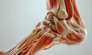 Anatomia stopy z widocznymi mięśniami, ścięgnami i kośćmi. Szczegółowy obraz mięśnia płaszczkowatego, kluczowego dla ruchu.