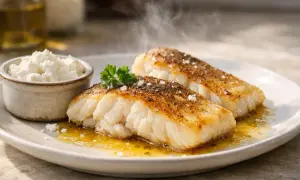 Deux beaux filets de lieu noir poêlés, servis avec une sauce dorée et un petit ramequin de fromage blanc.