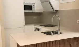 Cocinas pequeñas modernas con electrodomésticos integrados, encimera clara y grifería cromada.