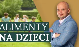 Mężczyzna w garniturze i dzieci bawiące się na trawie, z napisem "Alimenty na dzieci".