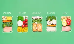 A week's triathlon meal plan laid out: Monday to Friday, featuring chicken, salmon, vegetables, grains, and healthy fats.