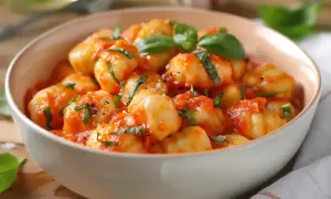 Gnocchi i tomatsås med basilika. Visar att man kan steka gnocchi utan att koka dem först för en härlig textur.