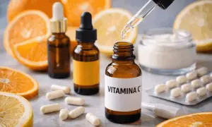 Siero vitamina c siero a cosa serve? Flaconi ambrati, agrumi, capsule e crema viso suggeriscono benefici per la pelle e il benessere.