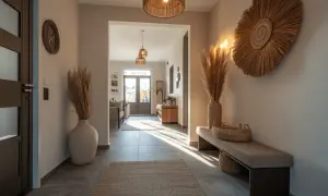 Ein heller Flur, der mit natürlichen Materialien wie Pampasgras und einem Wanddekor aus Seegras gestaltet ist. Ein Sitzbank lädt zum Verweilen ein.