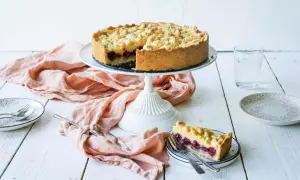Ein saftiger Kirschkuchen mit Pudding und Streuseln auf einem Kuchenständer. Ein Stück ist bereits auf einem Teller angerichtet.