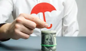 Dłoń trzyma czerwony parasol nad zrolowanymi dolarami. Tani murek oporowy dla Twoich finansów.