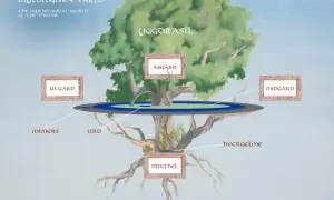 Yggdrasil, världsträdet, med sina rötter i Urd, Skuld och Verdandi, binder samman Asgård, Midgård och Utgård.