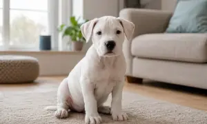 Uroczy szczeniak doga argentyńskiego siedzi na dywanie. Zastanawiasz się nad dog argentyński cena?