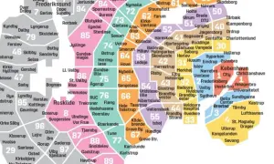 Mapa stref komunikacji miejskiej Kopenhagi z zaznaczonymi numerami stref.