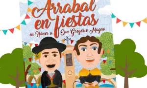 Cartel anunciando las fiestas arrabal en honor a San Gregorio Magno, con caricaturas de dos hombres y decoración festiva.