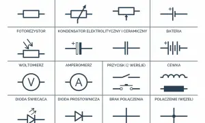 Schemat przedstawia symbole elementów elektronicznych: dioda świecąca, dioda prostownicza, rezystor, kondensator, cewka, bateria i inne.