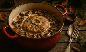 Un plat réconfortant d'osso bucco de dinde mijoté avec des champignons dans une sauce crémeuse, garni de persil frais.