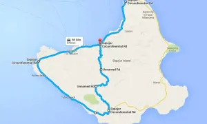 Route von Cebu nach Siquijor über die Inselstraße. 57,8 km, 56 Min. Fahrt.