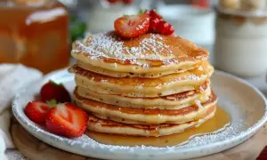 En hög med fluffiga pannkakor, toppade med färska jordgubbar och pudersocker. Serveras med sirap och yoghurt istället för mjölk.