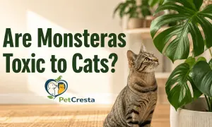 A tabby cat looks up at a large Monstera plant, questioning "Are Monsteras Toxic to Cats?".