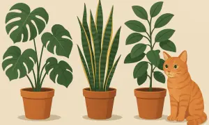 Trzy rośliny doniczkowe: monstera, sansewieria i fikusa, obok siedzi rudy kot. Czy kalia doniczkowa jest trująca?