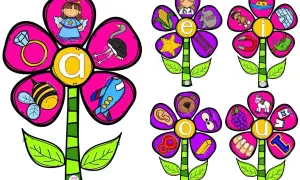 Flores con vocales para imprimir: A (ángel, anillo, abeja, avestruz, avión), E (enfermera, elefante, estrella, escalera, elote), I (isla, indio, imán, iguana, iglú), O (oso, ojo, oreja, ocho, oro), U (unicornio, uvas, uniforme, uña, uno).