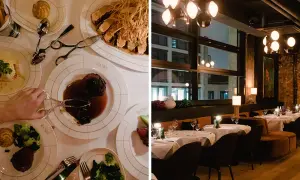 Ein festliches Abendessen in einem Berliner Restaurant Geheimtipp. Aufgetischte Speisen und ein stilvolles Ambiente mit Blick auf die Stadt.