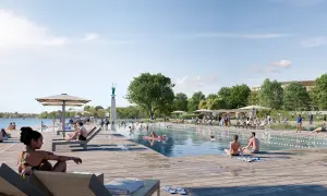 Sommerliche Szene am **Alsterwiese Schwanenwik**: Menschen entspannen am Pool, schwimmen und genießen die Sonne.