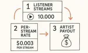 Diagram shows how to make money on Spotify: 10,000 streams at $0.003 per stream equals artist payout.