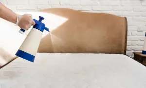Spraying a mattress to combat memory foam dust mites.