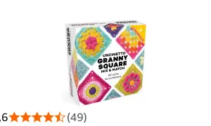 Box of "Uncinetto Granny Square Mix & Match" cards featuring colorful crochet squares.