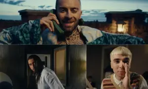 Mężczyzna z tatuażami rozmawia przez zielony telefon. Obok niego, w dolnej części, widać dwóch innych mężczyzn. Jeden z nich, z długimi włosami, wygląda na zaskoczonego.