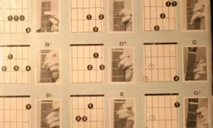 Diagramy akordów na gitarę: A7, B7, Bb, D, D7, E, F, G, G7. Idealne do nauki piosenki na gitarę chwyty.