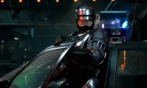RoboCop w zbroi opiera się o samochód, gotowy do akcji w grze RoboCop: Rogue City.