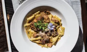 En tallrik med breda bandnudlar, möra bitar av oxfilé och en krämig sås, toppad med färska örter och en blå blomma. En utsökt oxfilé pasta.