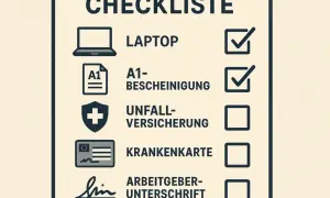 Checkliste für eine Workation in Europa: Laptop, A1-Bescheinigung, Unfallversicherung, Krankenkassenkarte, Arbeitgeberunterschrift.