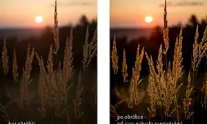 Zachód słońca nad polami traw. Po obróbce zdjęcie nabrało ciepłych barw, jakby czas się zatrzymał.