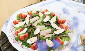 En härlig sallad nicoise med tonfisk, ägg, gröna bönor och tomater på en vacker tallrik.