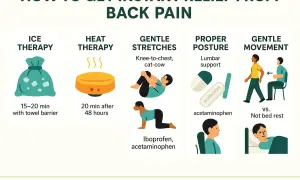 Tips for instant relief from back pain, including ice therapy, heat therapy, gentle stretches, proper posture, and gentle movement, to combat dolor de espalda al dormir.