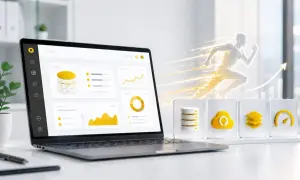 Laptop z panelem kontrolnym, ikony chmury, stosów i prędkościomierza. Obok ikona serwer bazy danych symbolizuje wydajność.