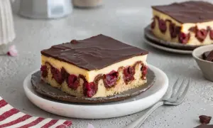 Ein Stück saftiger Kirsch-Schoko-Blechkuchen mit zarter Vanillecreme und Schokoladenglasur. Perfekt für leckere Blechkuchen Rezepte.