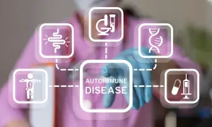 Grafika przedstawia schemat choroby autoimmunologicznej z ikonami symbolizującymi jelita, mikroskop, DNA, pacjenta i leki.